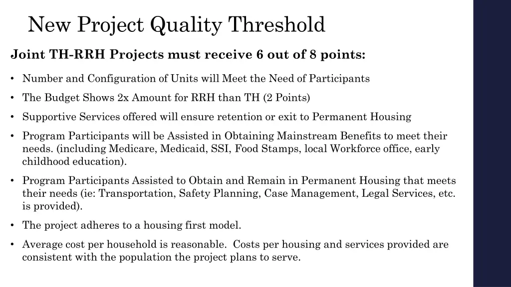 new project quality threshold