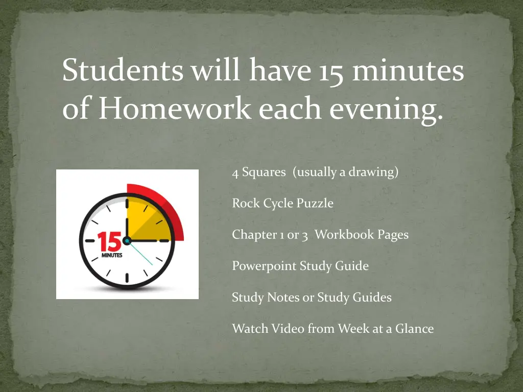 students will have 15 minutes of homework each