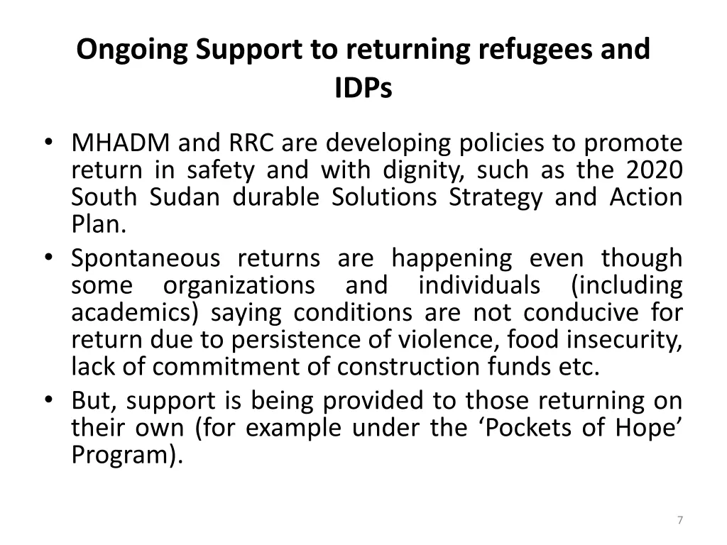 ongoing support to returning refugees and idps