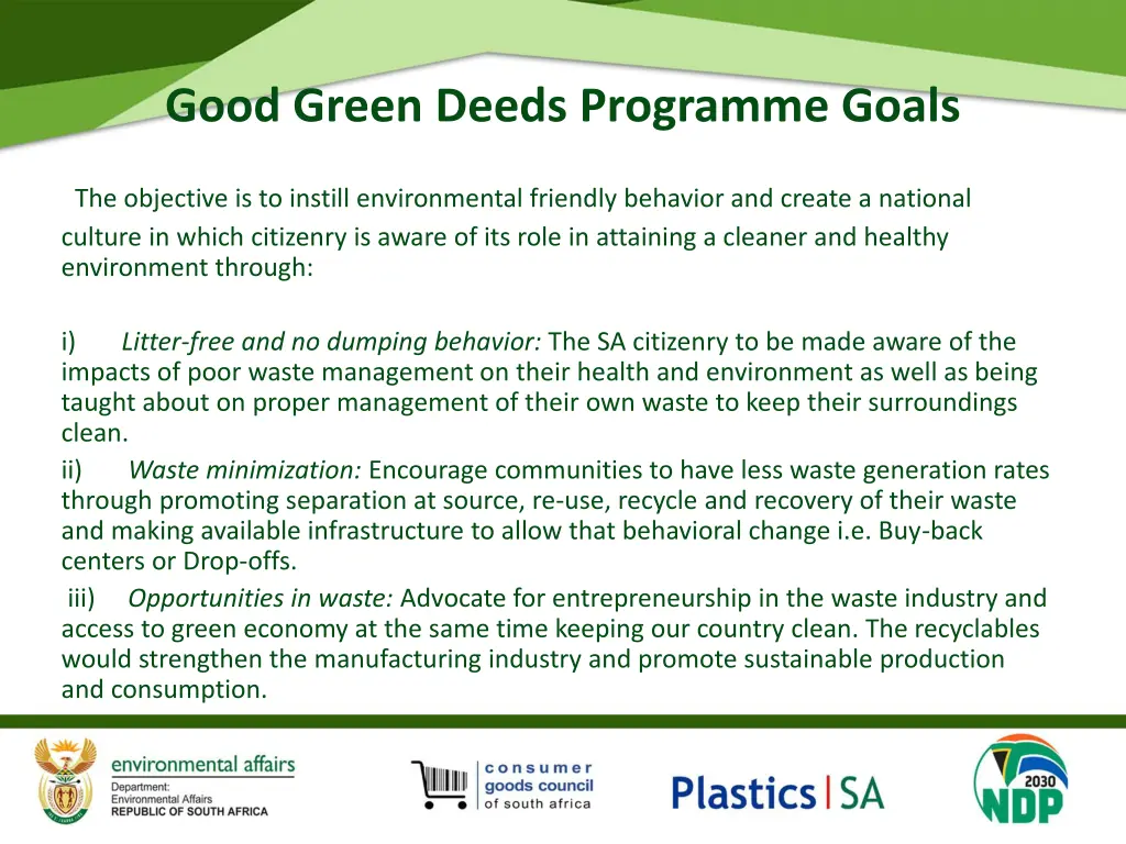 good green deeds programme goals 1
