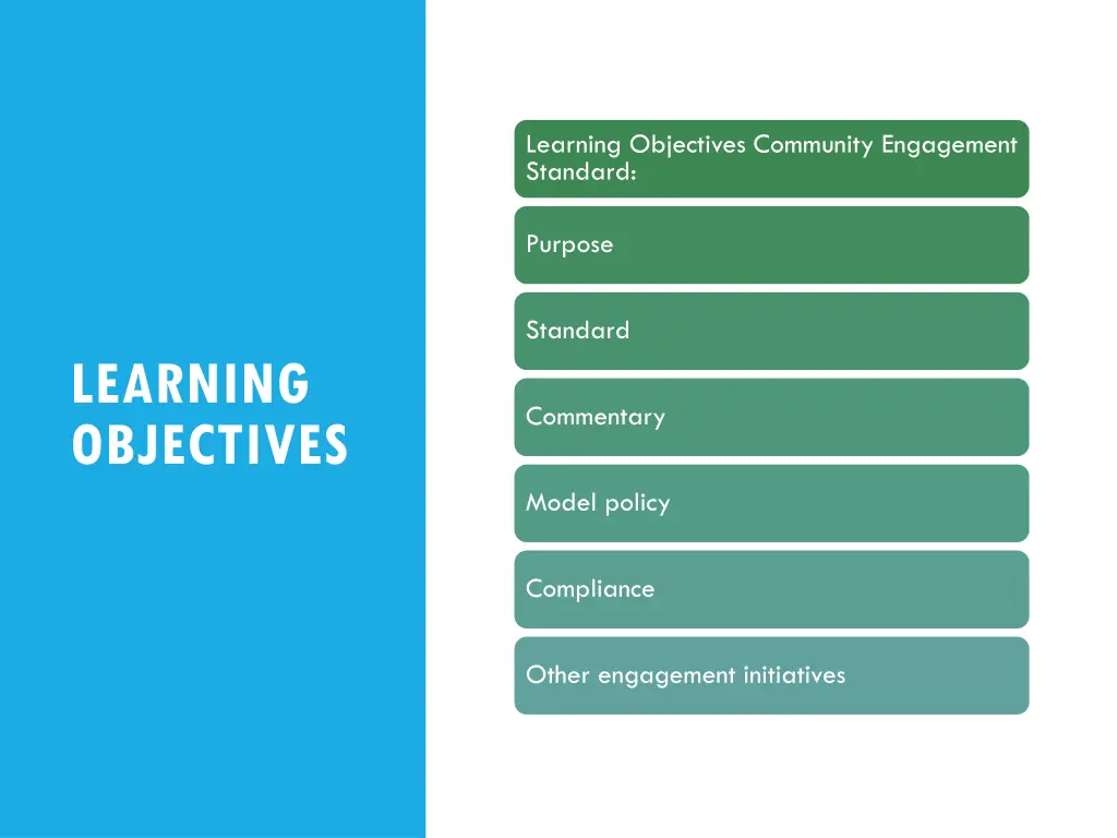 learning objectives community engagement standard