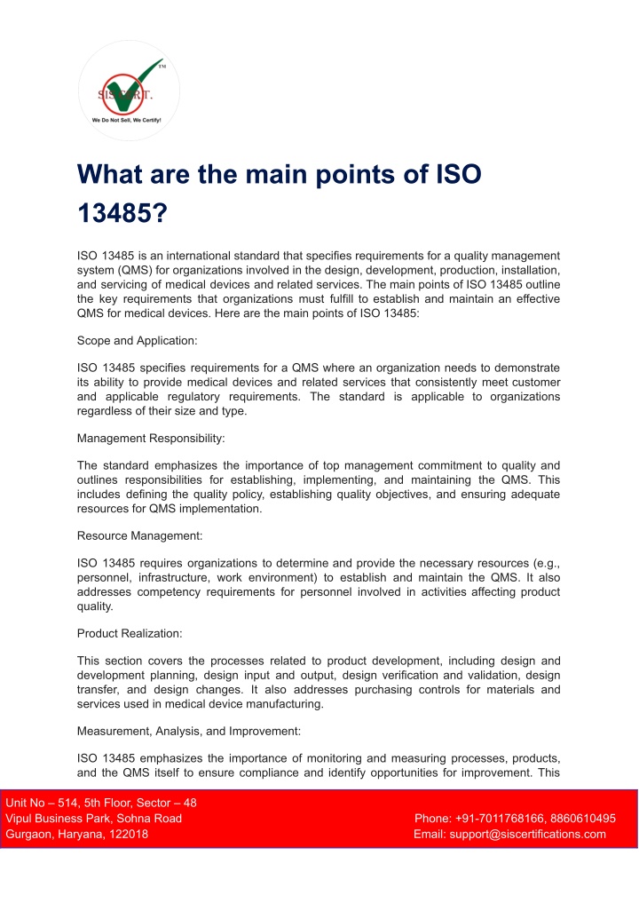 what are the main points of iso 13485