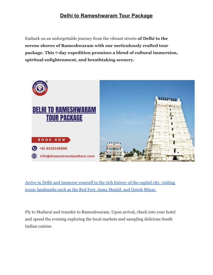 delhi to rameshwaram tour package