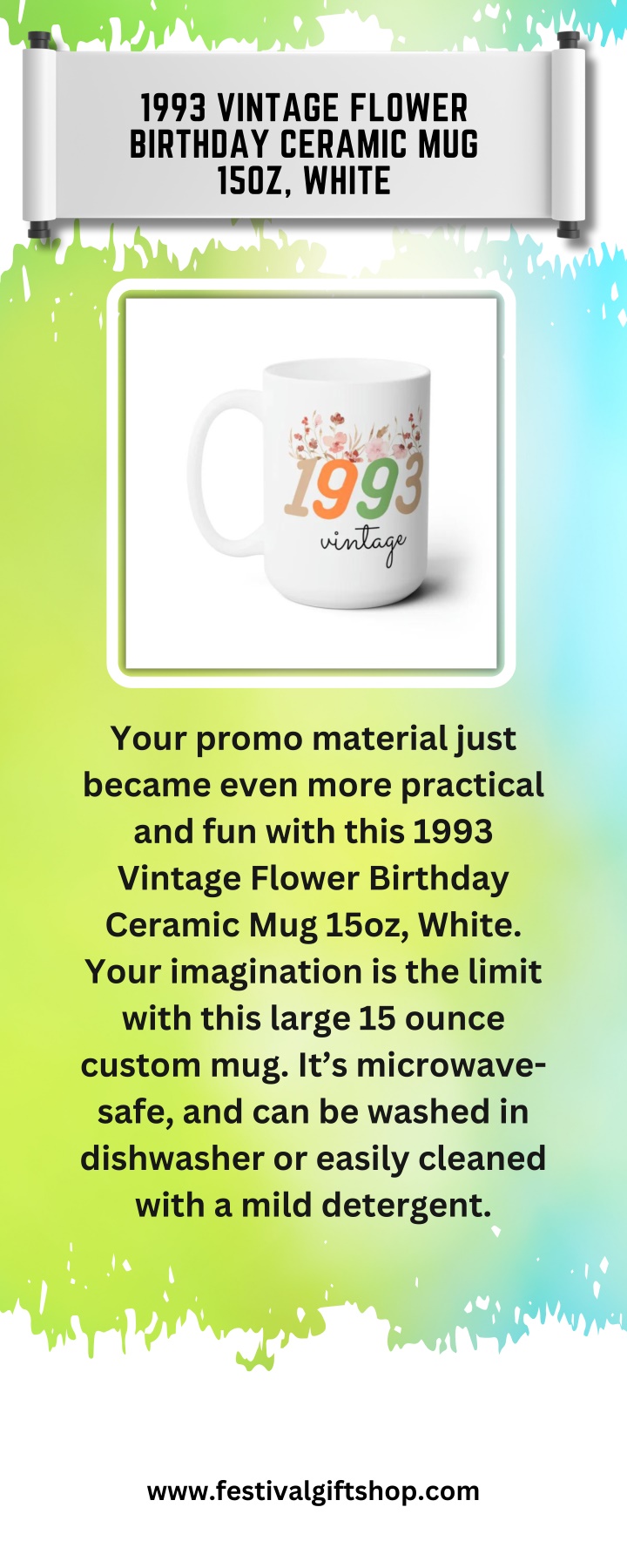 1993 vintage flower birthday ceramic mug 15oz