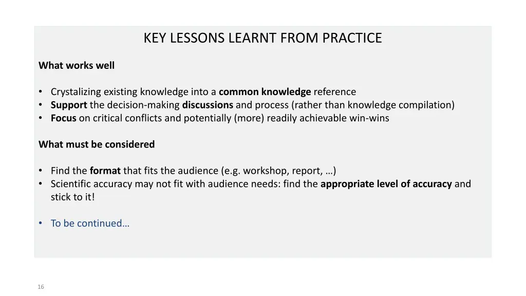 key lessons learnt from practice