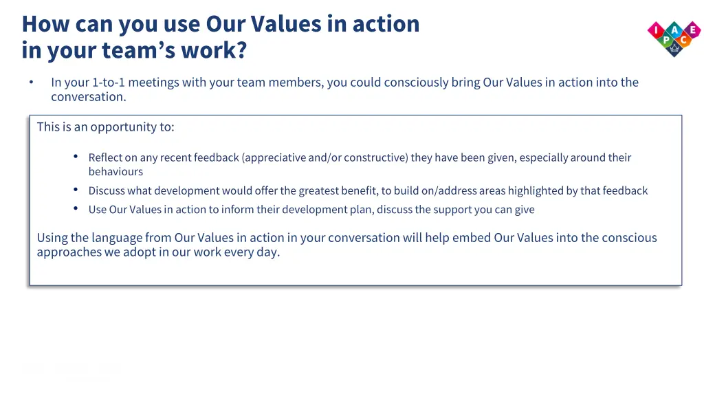 how can you use our values in action in your team 1