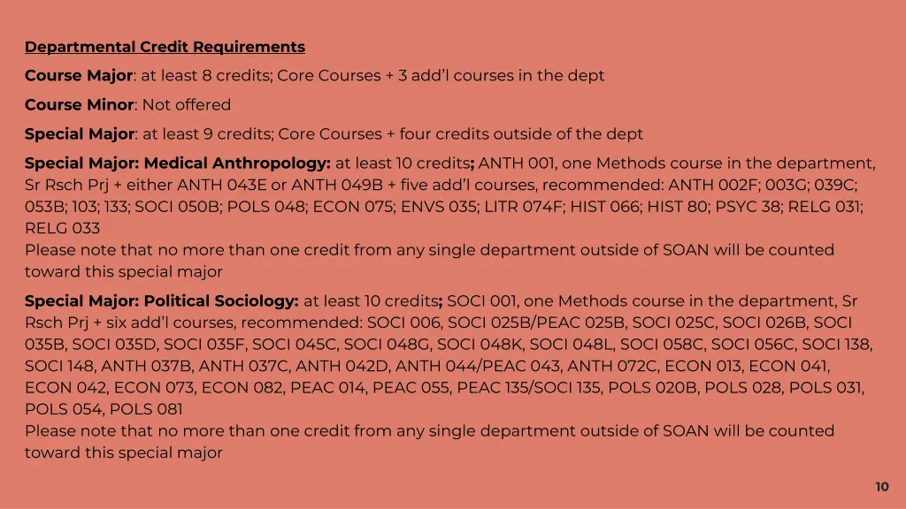 departmental credit requirements