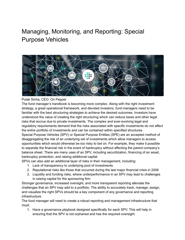 managing monitoring and reporting special purpose