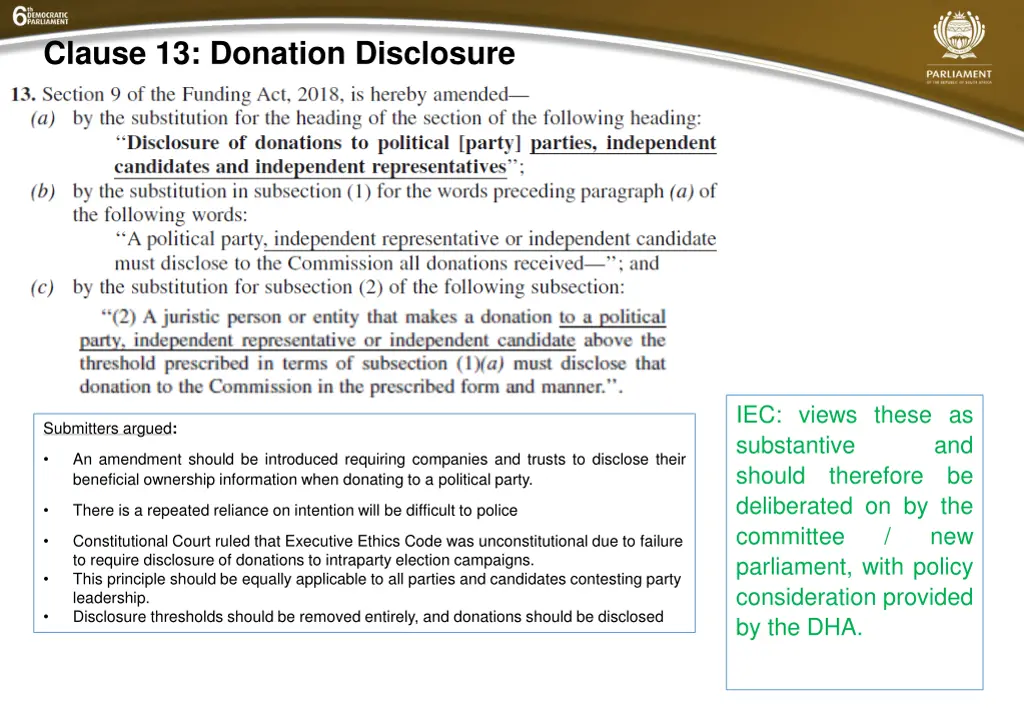 clause 13 donation disclosure