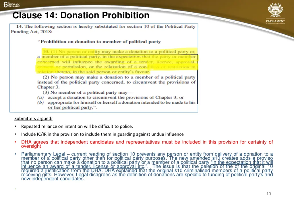 clause 14 donation prohibition
