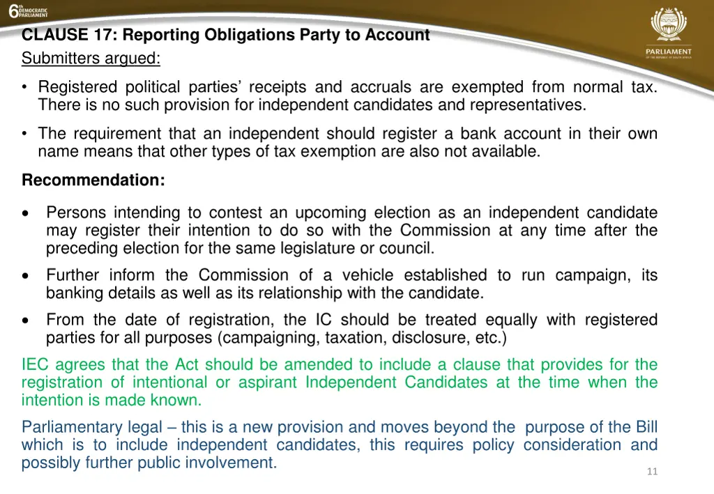 clause 17 reporting obligations party to account