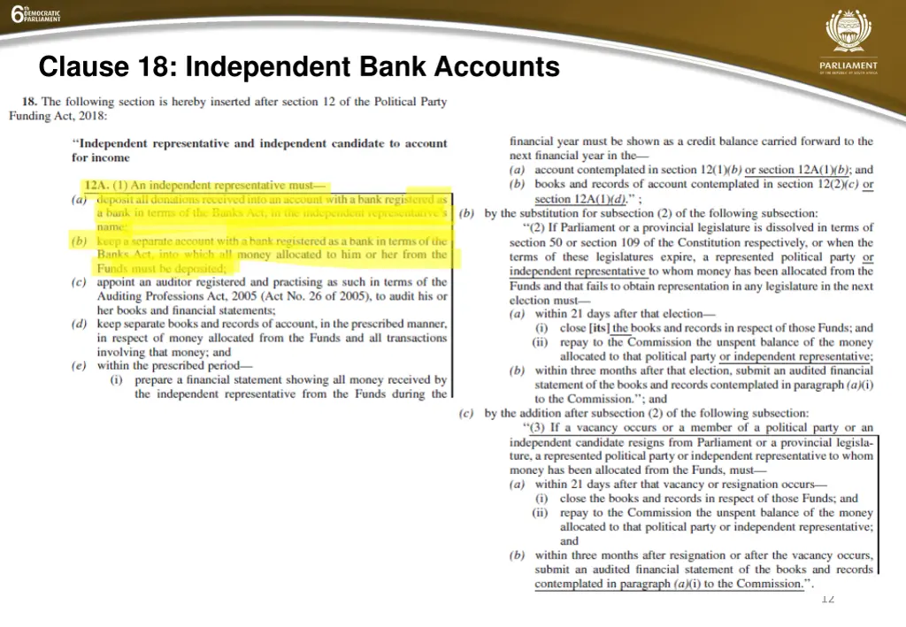 clause 18 independent bank accounts