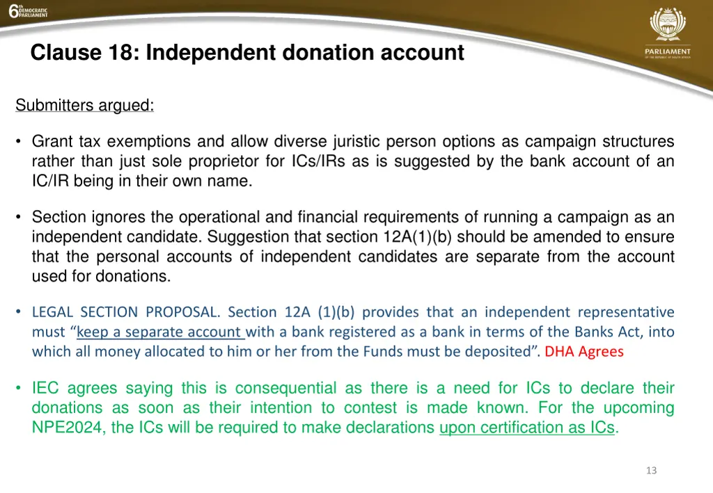 clause 18 independent donation account