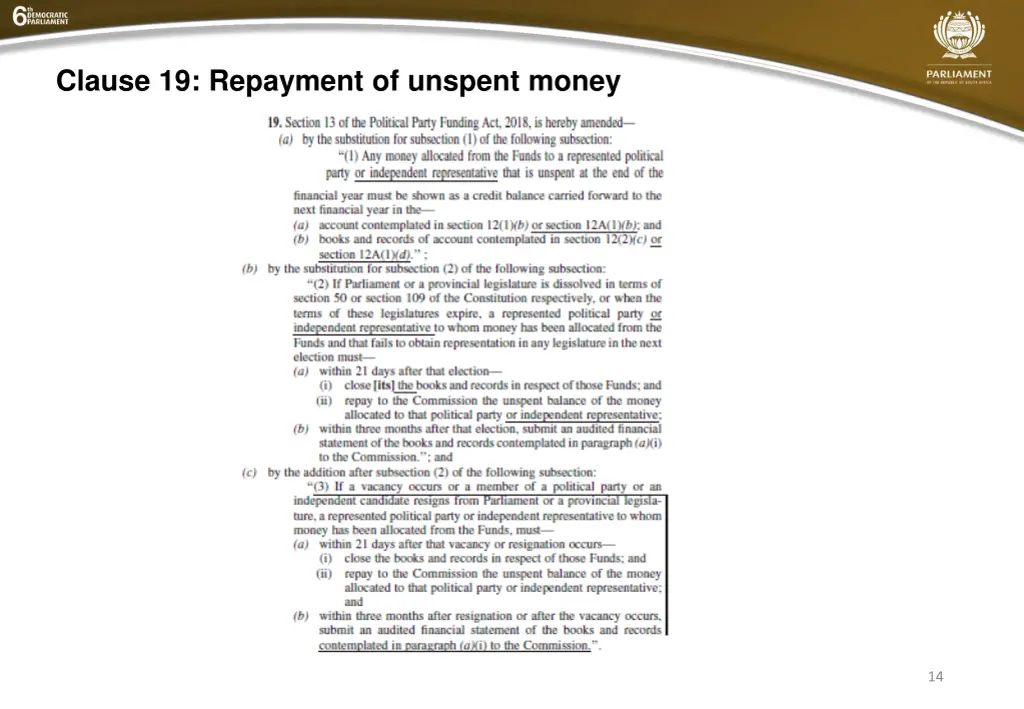clause 19 repayment of unspent money