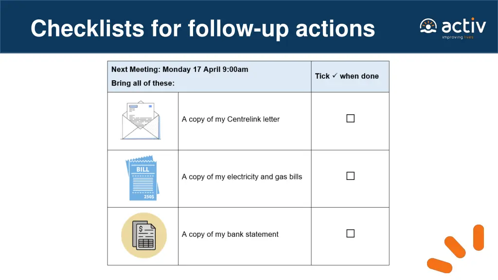 checklists for follow up actions