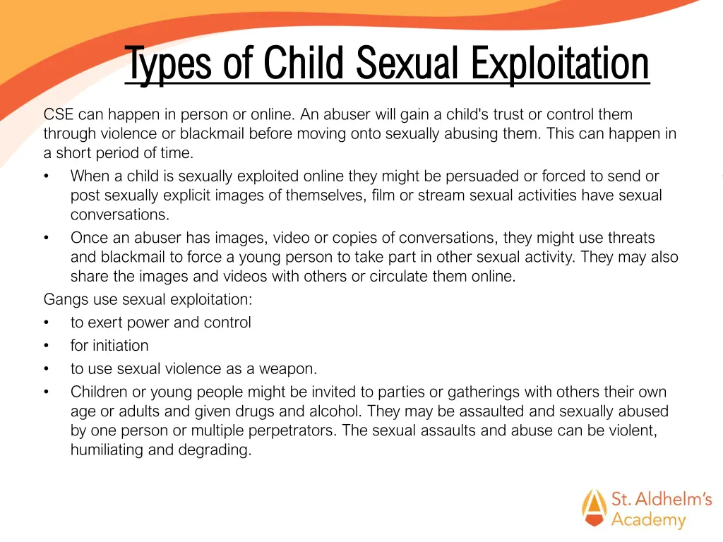 types of child sexual exploitation types of child