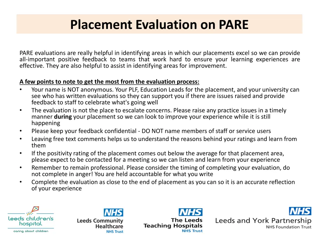 placement evaluation on pare