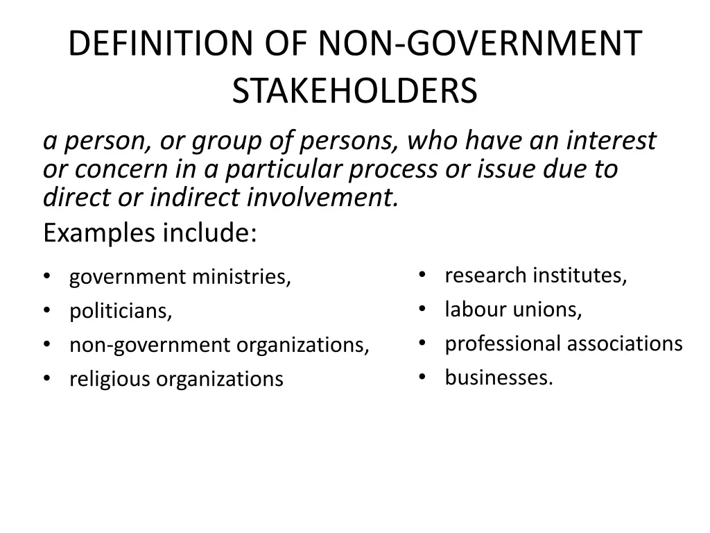 definition of non government stakeholders