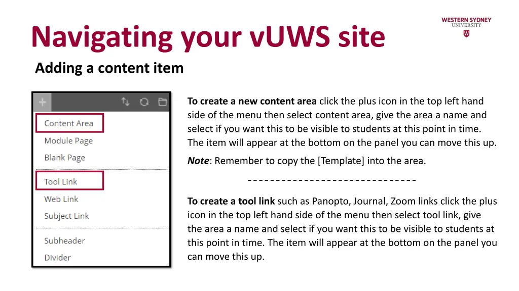 navigating your vuws site adding a content item