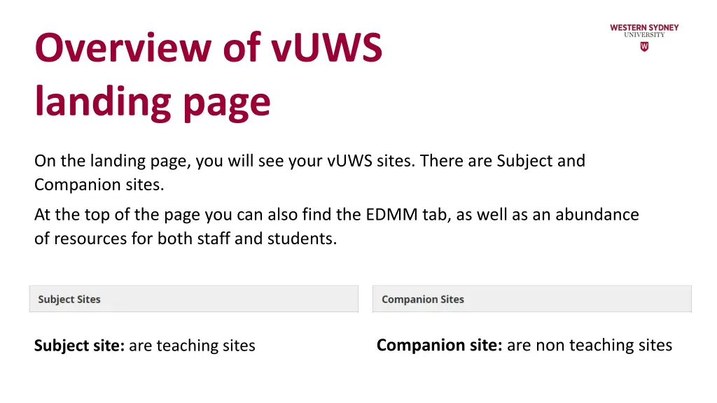 overview of vuws landing page