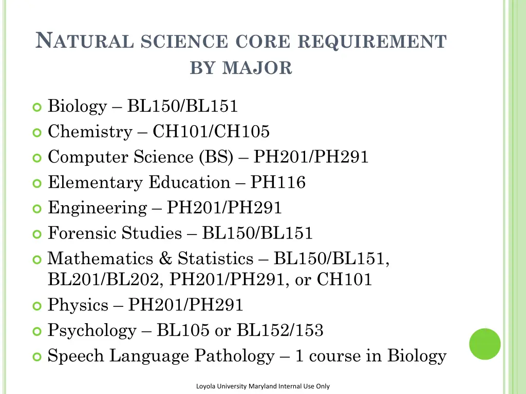 n atural science core requirement by major