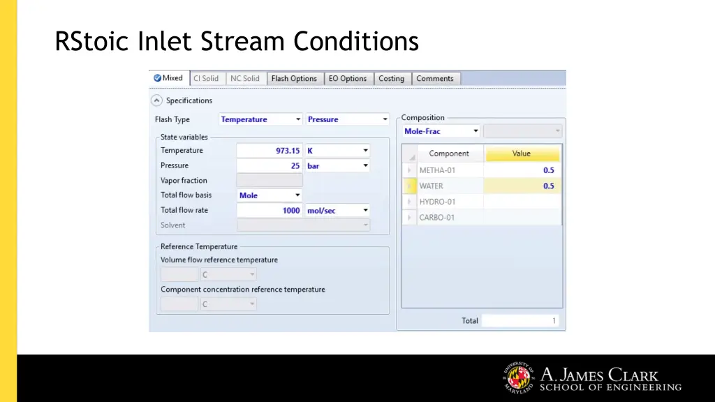 rstoic inlet stream conditions