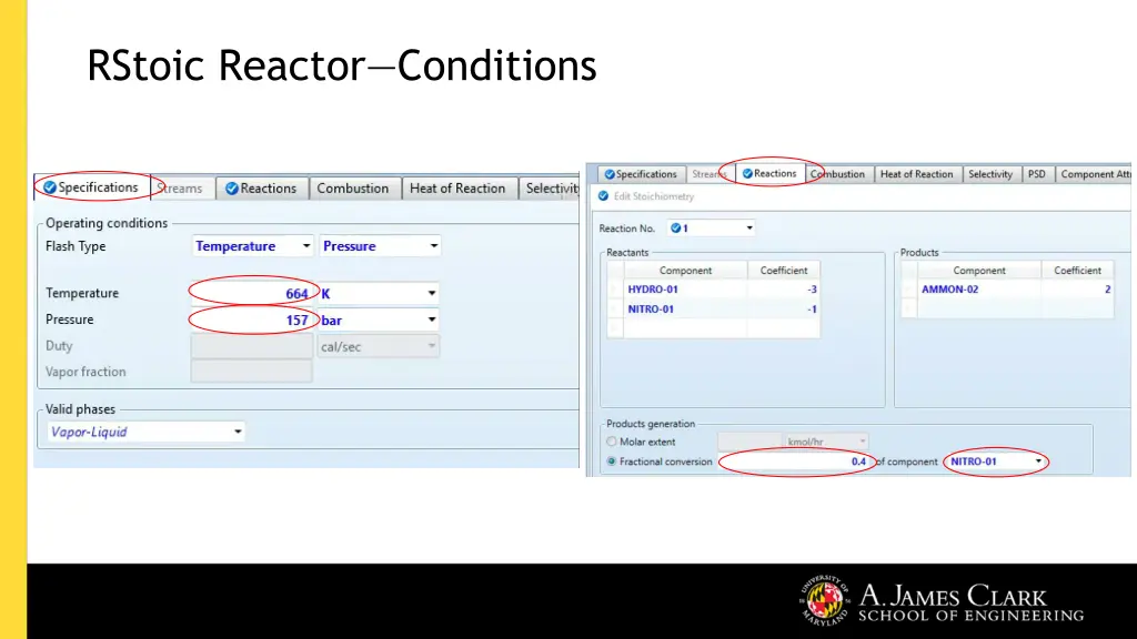 rstoic reactor conditions