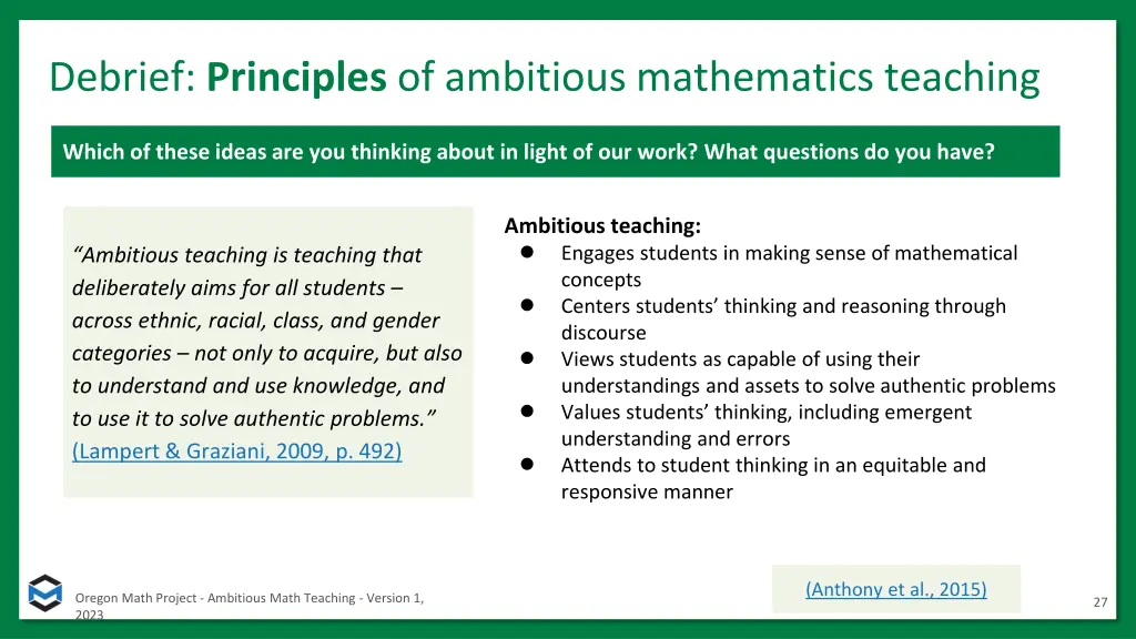 debrief principles of ambitious mathematics 1