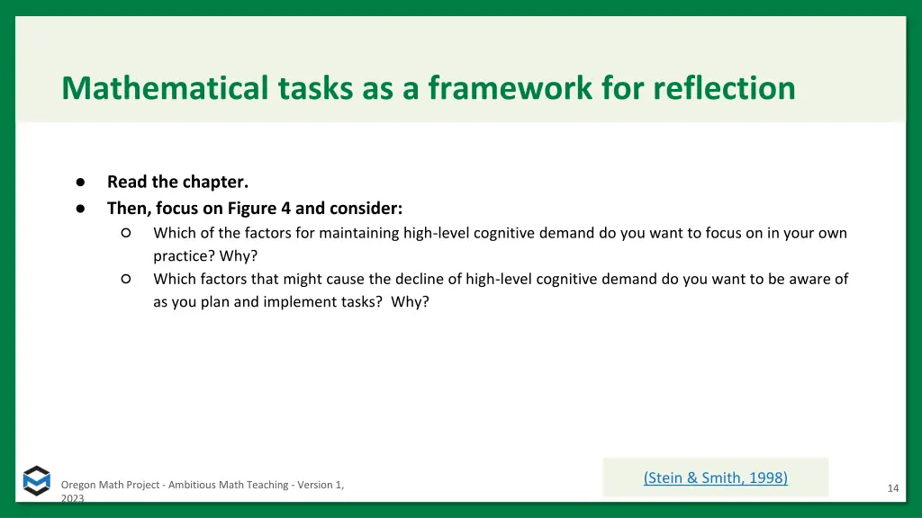 mathematical tasks as a framework for reflection