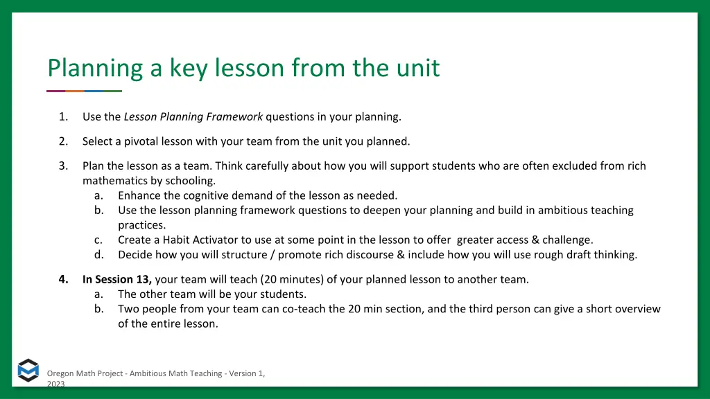 planning a key lesson from the unit