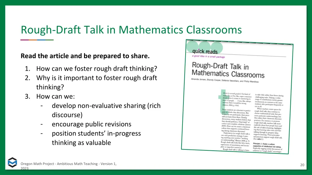 rough draft talk in mathematics classrooms