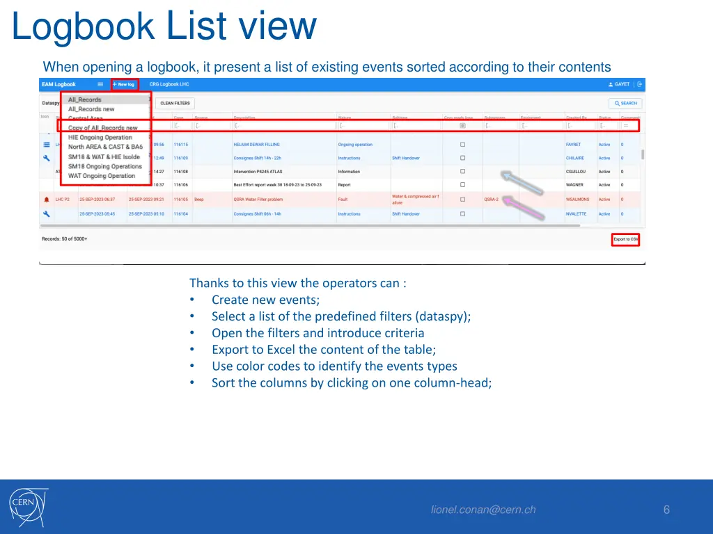 logbook list view