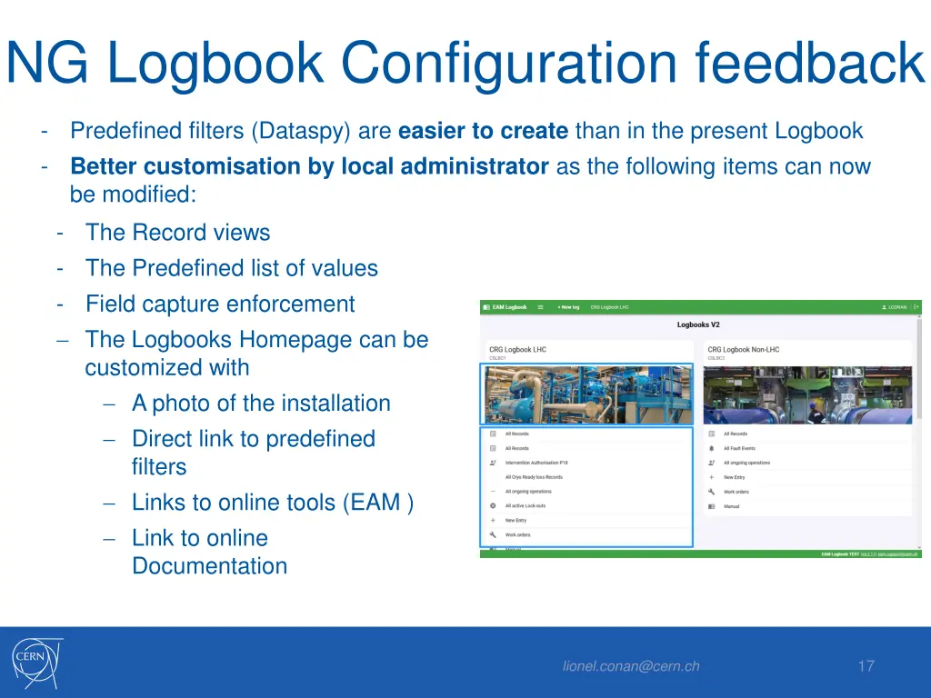 ng logbook configuration feedback