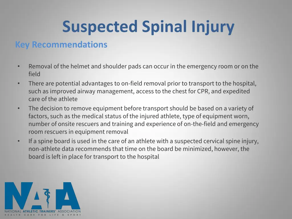 suspected spinal injury key recommendations 1