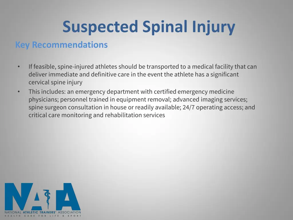 suspected spinal injury key recommendations 2