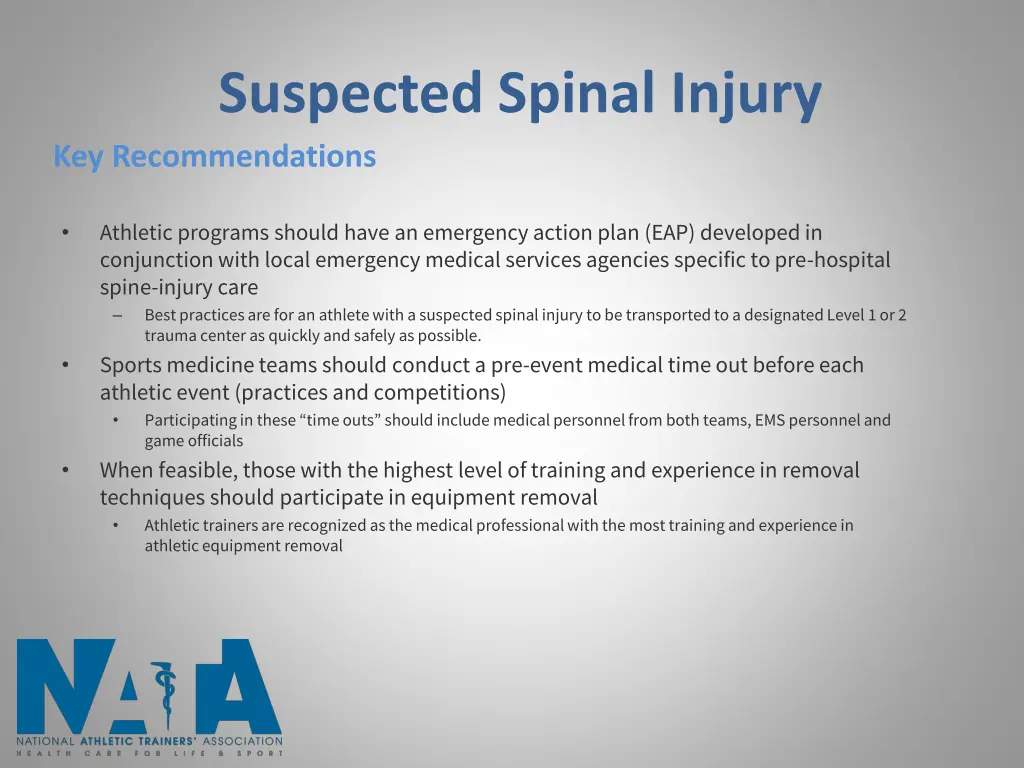 suspected spinal injury key recommendations