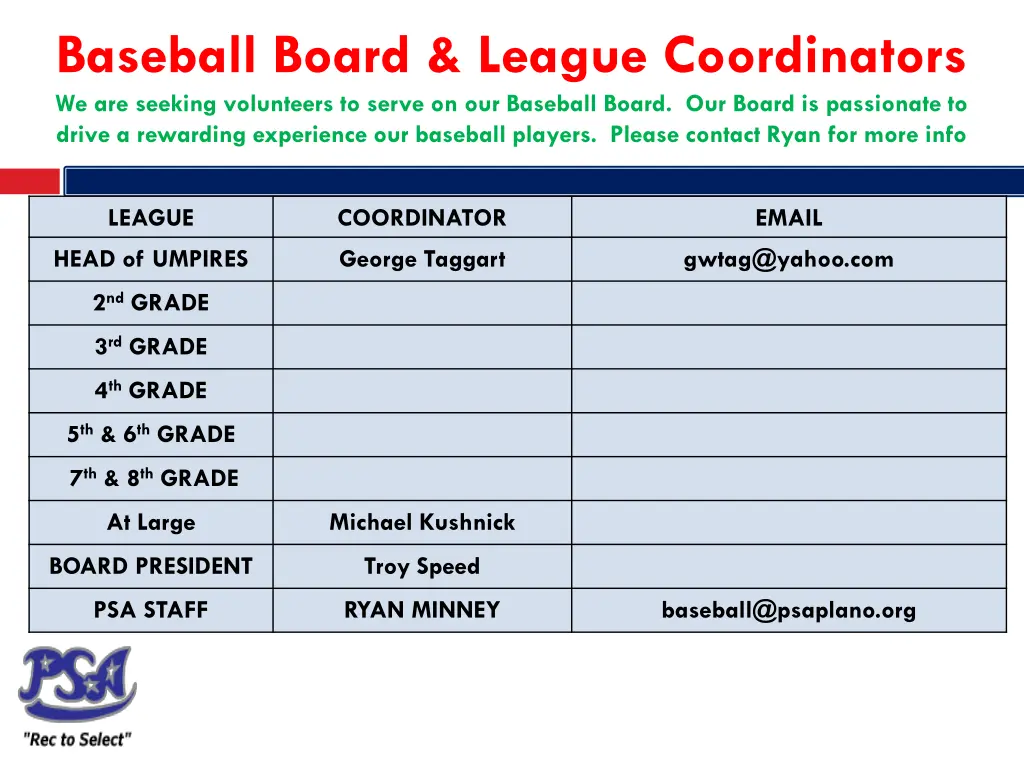 baseball board league coordinators we are seeking