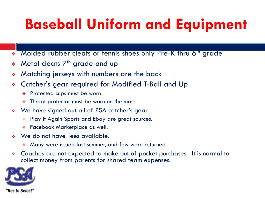 baseball uniform and equipment