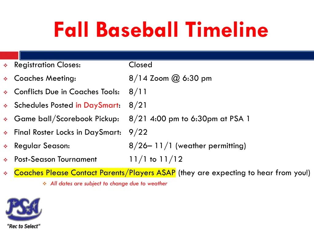 fall baseball timeline
