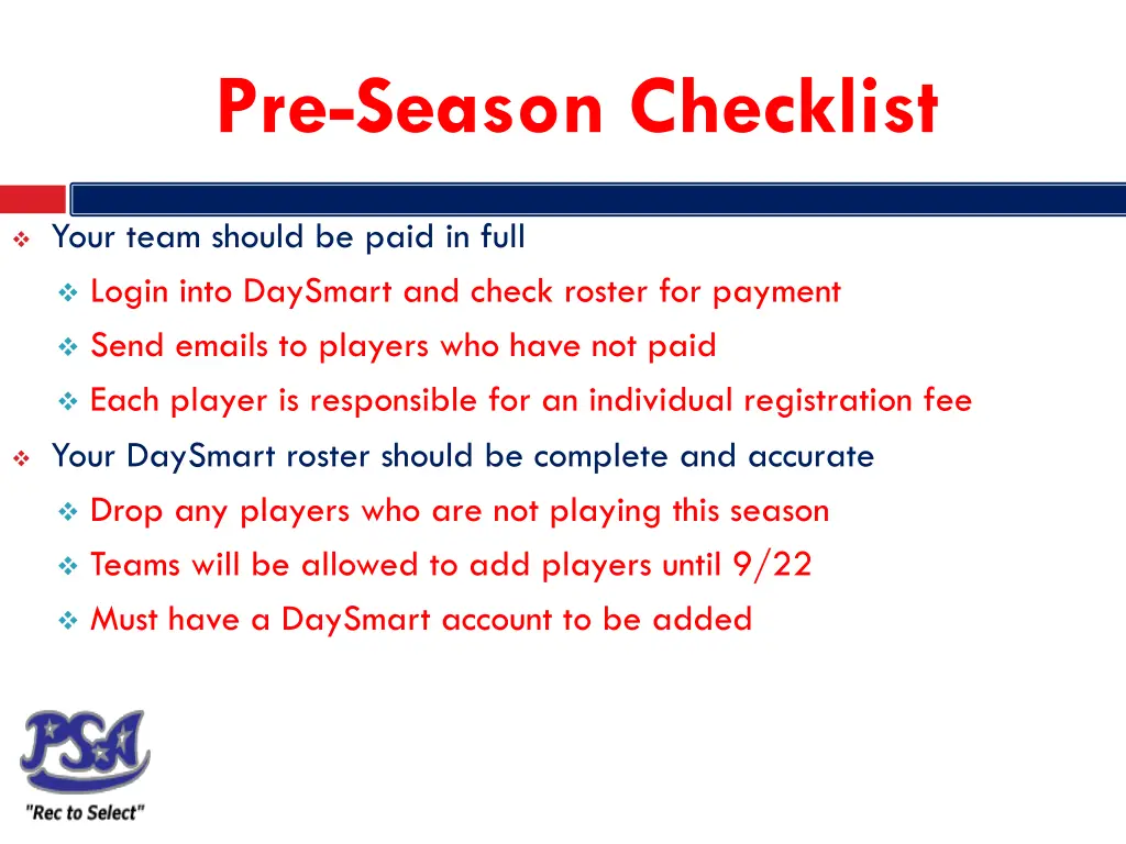 pre season checklist