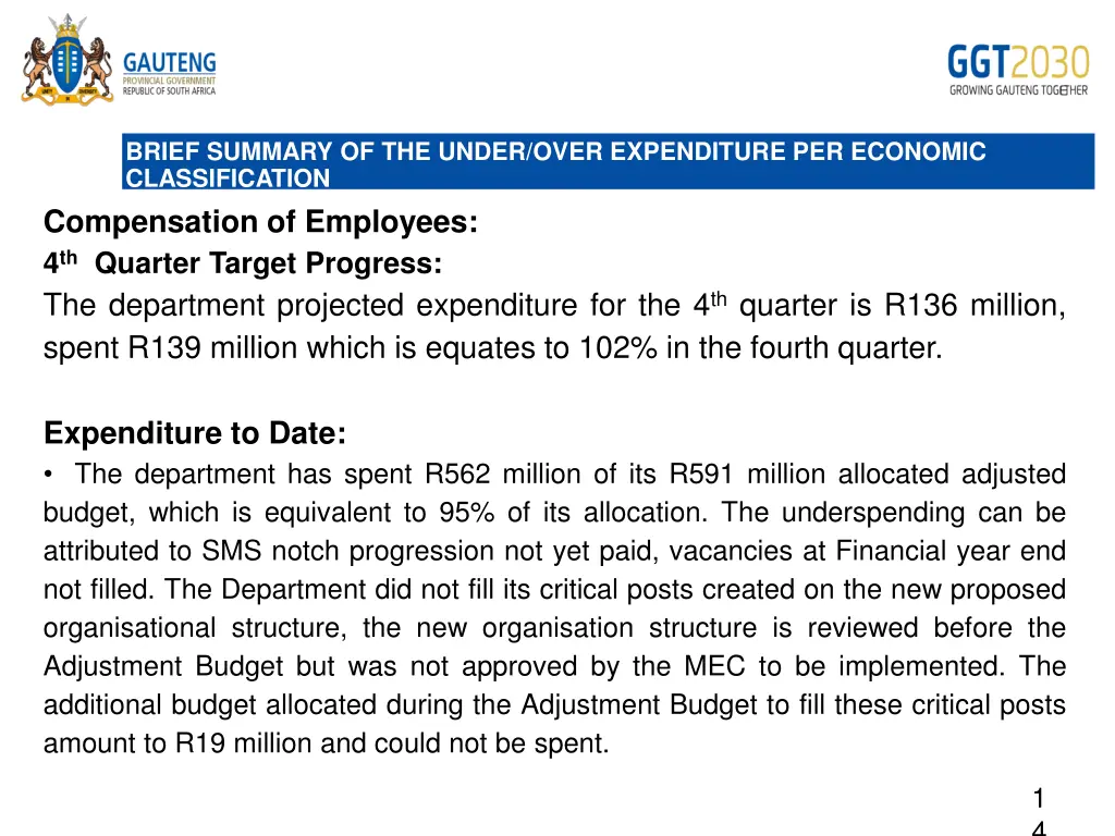 brief summary of the under over expenditure 1