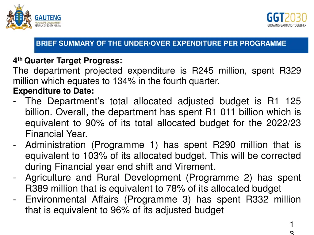 brief summary of the under over expenditure