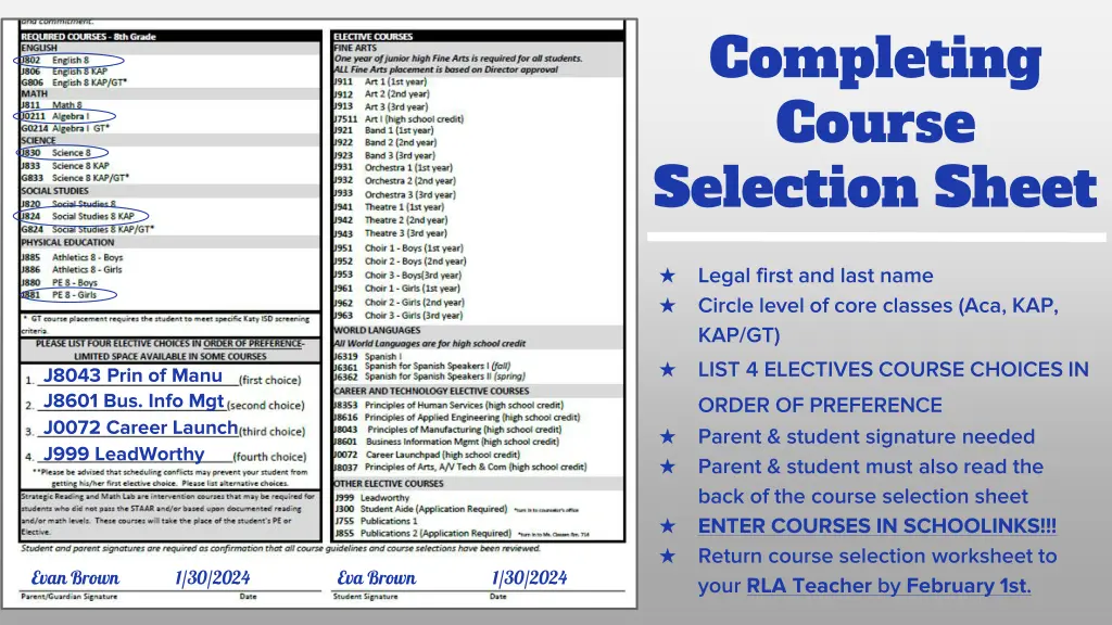 completing course selection sheet