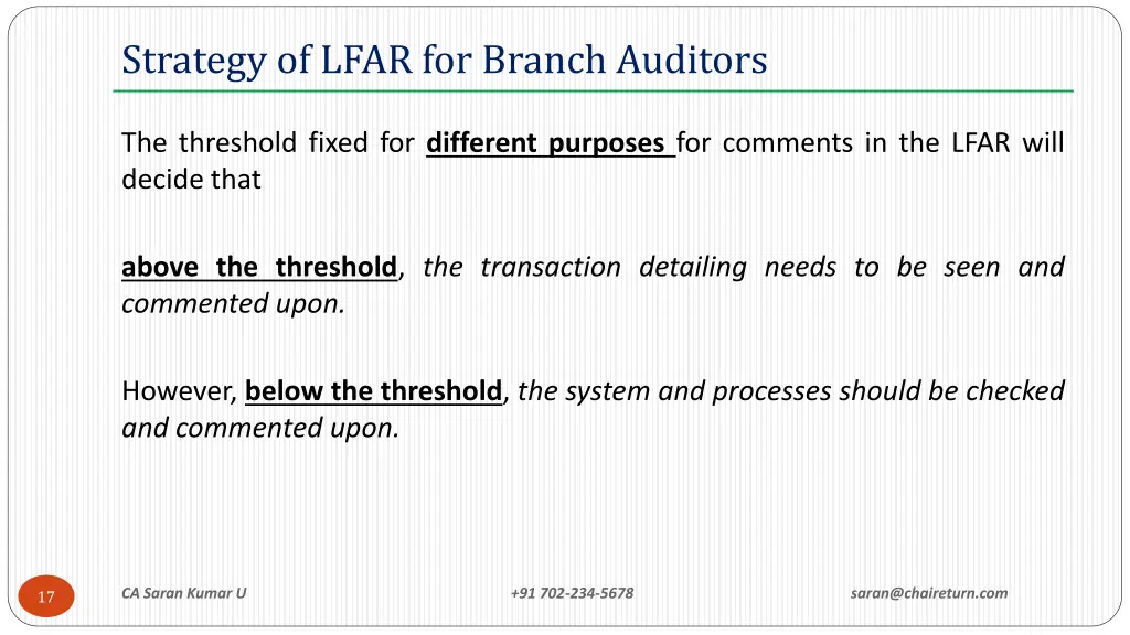 strategy of lfar for branch auditors