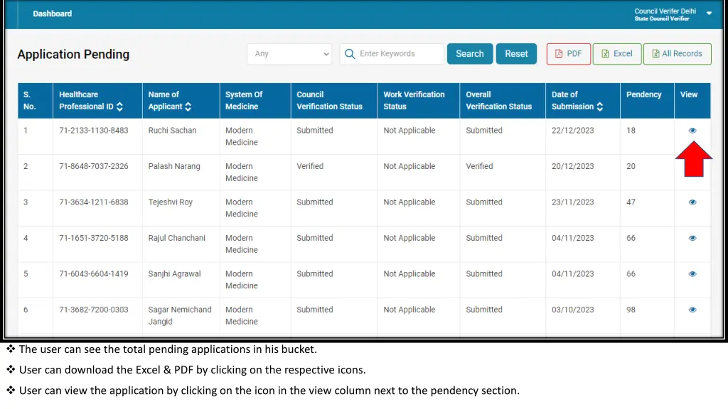 the user can see the total pending applications