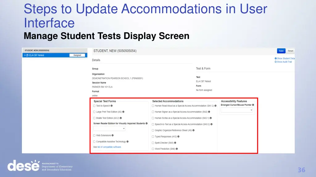 steps to update accommodations in user interface