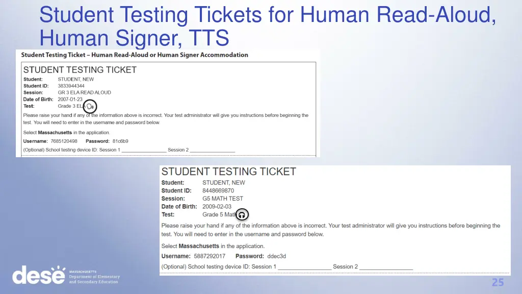 student testing tickets for human read aloud