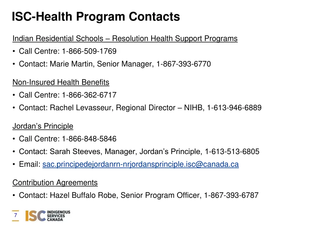 isc health program contacts