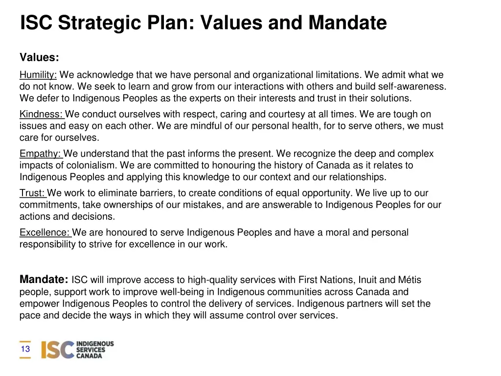 isc strategic plan values and mandate