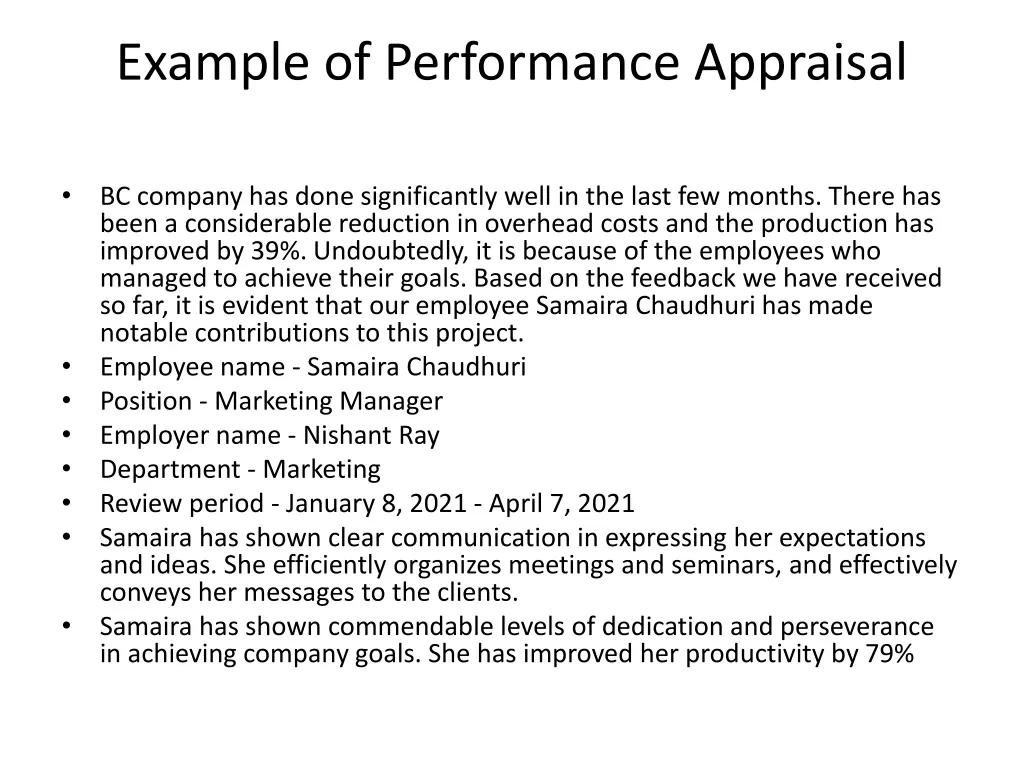 example of performance appraisal